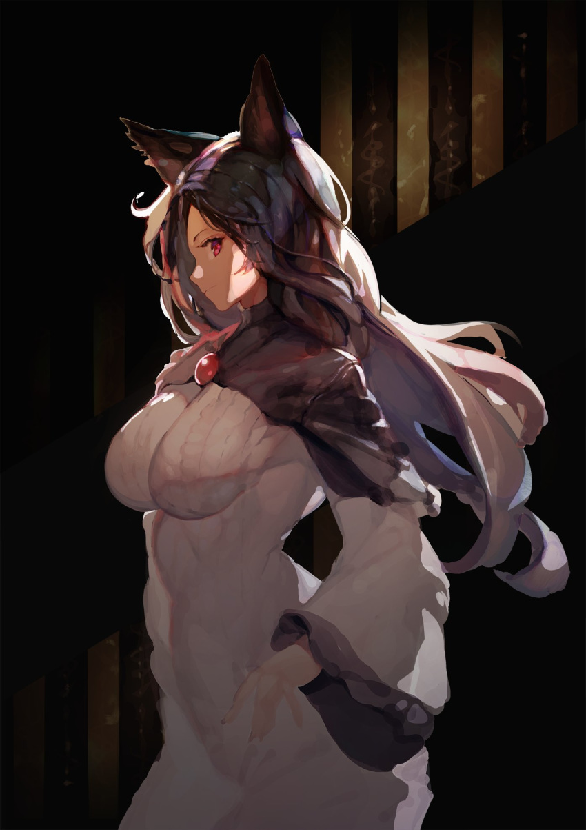 1girl animal_ears black_hair breasts brooch commentary cowboy_shot dress from_side highres imaizumi_kagerou jewelry large_breasts long_hair long_sleeves looking_at_viewer onion_(onion_and_pi-natto) profile red_eyes solo taut_clothes taut_dress touhou white_dress wide_sleeves wolf_ears