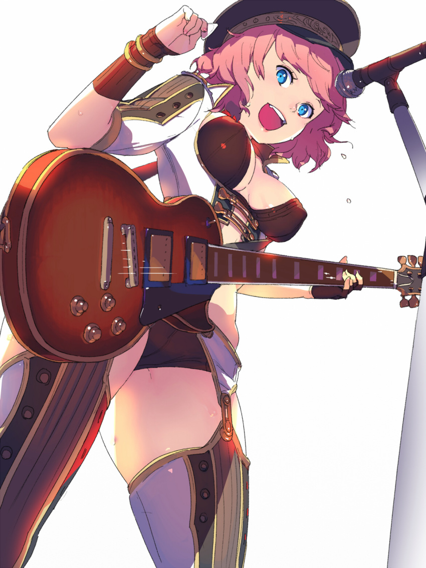 1girl :d black_headwear blue_eyes bra bracelet breasts brown_bra brown_panties covered_nipples electric_guitar flying_sweatdrops from_below garter_belt guitar hand_up hat highres hisho_collection holding holding_instrument instrument jewelry les_paul looking_at_viewer looking_down medium_breasts microphone microphone_stand music nagisa_kurousagi open_mouth panties pink_hair playing_instrument short_hair simple_background smile standing thighhighs underwear white_background wristband