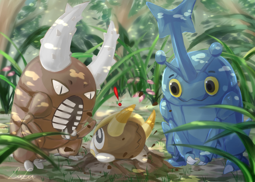 black_eyes creature digging gen_1_pokemon gen_2_pokemon gen_7_pokemon grass greyscale grubbin heracross highres horns monochrome no_humans pinsir pokemon pokemon_(creature) signature standing