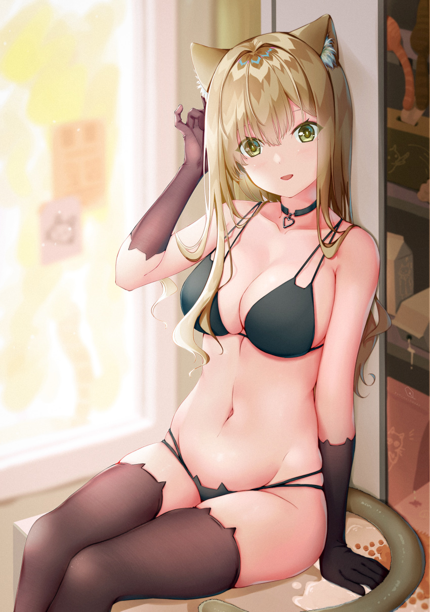 1girl absurdres animal_ears animal_print bangs black_choker black_gloves black_legwear black_panties breasts cat_ears cat_panties cat_print choker cleavage collarbone commentary_request gloves green_eyes highres indoors large_breasts looking_at_viewer mahou_shounen navel original panties print_panties sitting solo thighhighs underwear