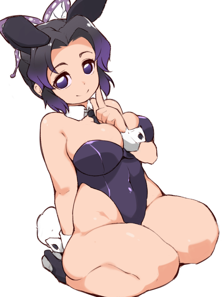 1girl animal_ears bare_legs black_footwear black_hair black_leotard black_neckwear bow breasts bunny_ears bunny_girl bunny_tail bunnysuit commentary_request detached_collar fukurou_(owl222) gradient_hair hair_ornament high_heels highleg highleg_leotard highres index_finger_raised kimetsu_no_yaiba kochou_shinobu large_breasts leotard looking_at_viewer multicolored_hair necktie purple_eyes purple_hair short_hair simple_background smile solo strapless strapless_leotard tail white_background wrist_cuffs