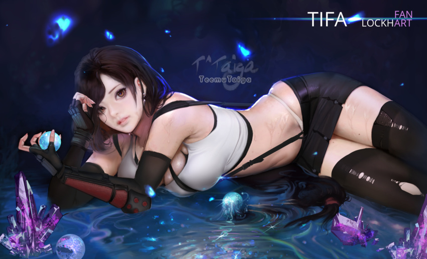 1girl arm_guards black_hair black_legwear black_skirt breasts brown_hair cleavage crystal final_fantasy final_fantasy_vii final_fantasy_vii_remake fingerless_gloves gloves long_hair looking_at_viewer low-tied_long_hair lying materia navel on_side panties pinup pleated_skirt skindentation skirt solo stomach suspenders teemu_rasinkangas thighhighs thong tifa_lockhart torn_clothes torn_legwear underwear water