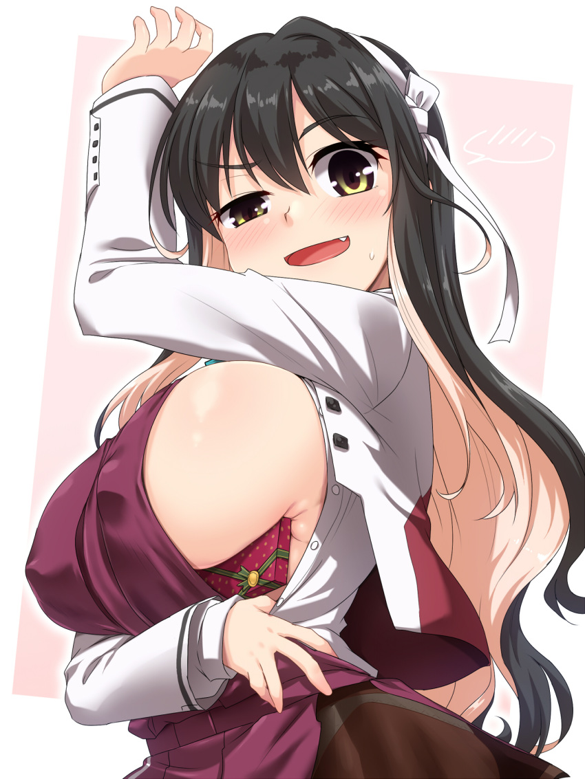 1girl black_hair blonde_hair box_of_chocolates breasts commentary_request covered_nipples fang hair_ribbon highres kantai_collection large_breasts long_hair looking_at_viewer multicolored_hair naganami_(kantai_collection) raised_eyebrows ribbon solo two-tone_hair underboob white_ribbon yellow_eyes yoshi_tama