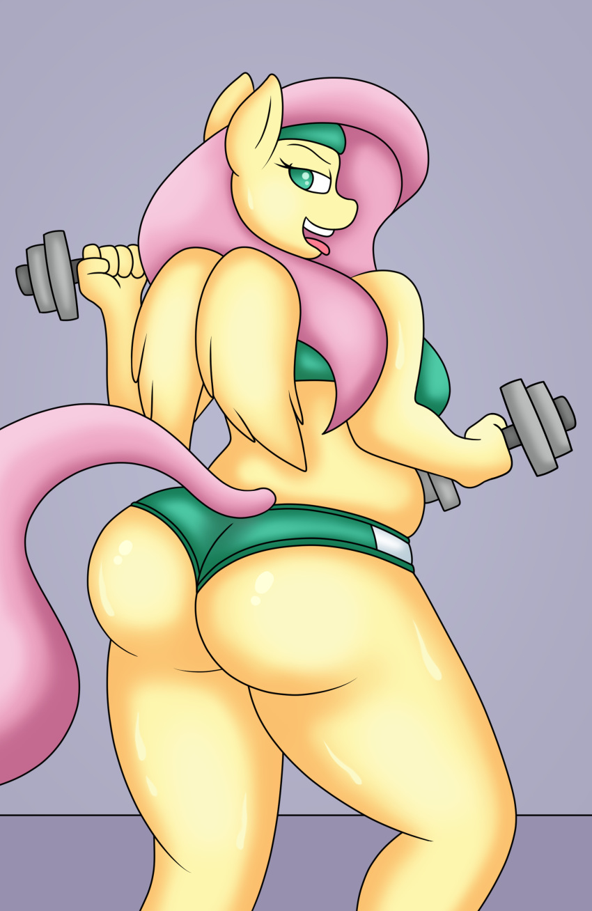 absurd_res anthro big_butt butt dumbbell equid equine exercise female fluttershy_(mlp) friendship_is_magic hi_res looking_back lordstormcaller mammal my_little_pony pterippus tongue tongue_out weightlifting weights wings workout