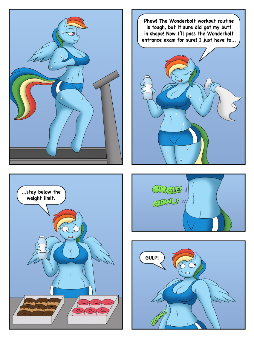 3:4 absurd_res anthro big_breasts bodily_fluids bottle bottomwear breasts cleavage clothed clothing english_text equid equine exercise female friendship_is_magic hi_res lordstormcaller mammal my_little_pony pterippus rainbow_dash_(mlp) shorts sweat text treadmill wings