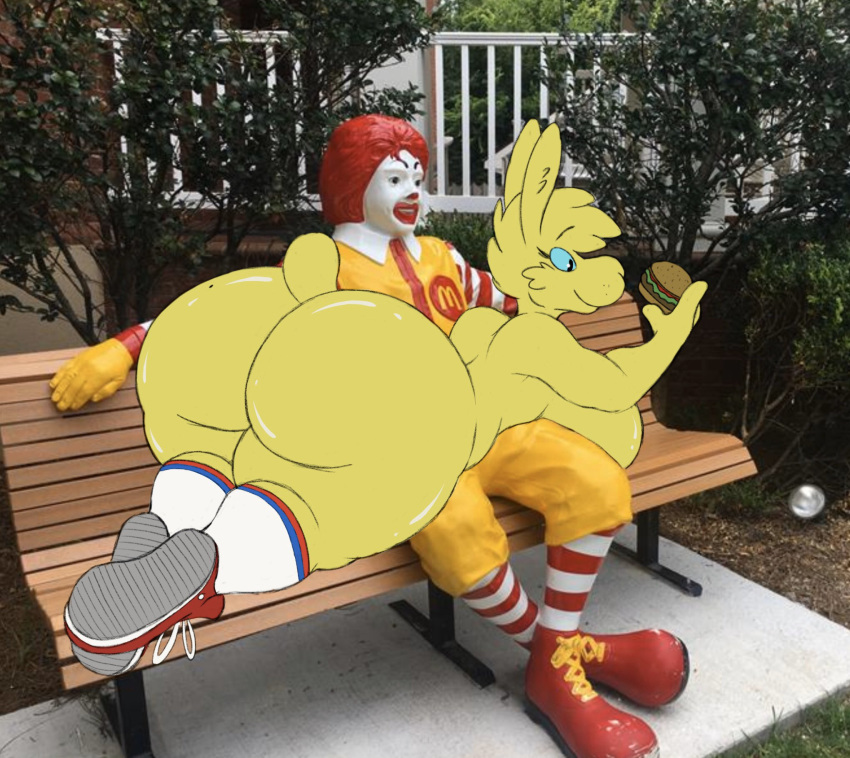 anthro bench big_breasts big_butt blue_eyes breasts burger butt clothing delfucko female food footwear fur hi_res legwear mcdonald's mostly_nude photo_background real ronald_mcdonald shoes socks solo thick_thighs yellow_body yellow_fur