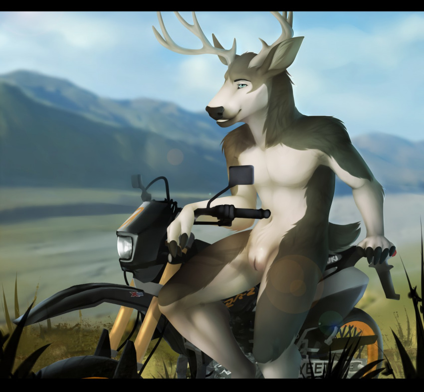 andromorph antlers bottomwear cervid cervine clothing detailed_background fur genitals horn intersex jayne_doe mammal miraoff motorcycle nude pussy sitting solo suzuki vehicle