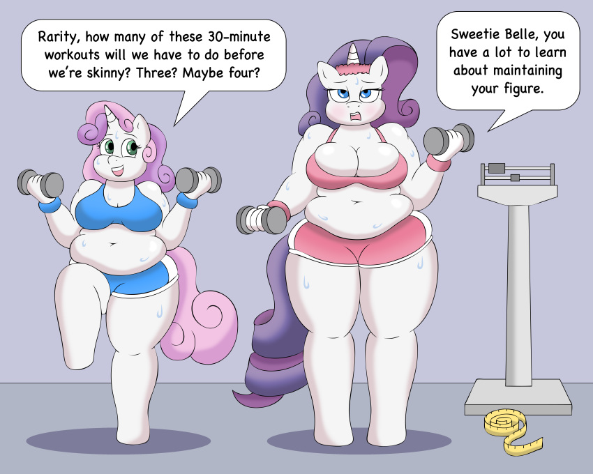 5:4 absurd_res anthro big_breasts bodily_fluids breasts cleavage clothed clothing dumbbell duo english_text equid exercise female friendship_is_magic fully_clothed hi_res horn lordstormcaller mammal my_little_pony rarity_(mlp) scale sibling sister sisters slightly_chubby sweat sweetie_belle_(mlp) text thick_thighs unicorn weightlifting weights workout