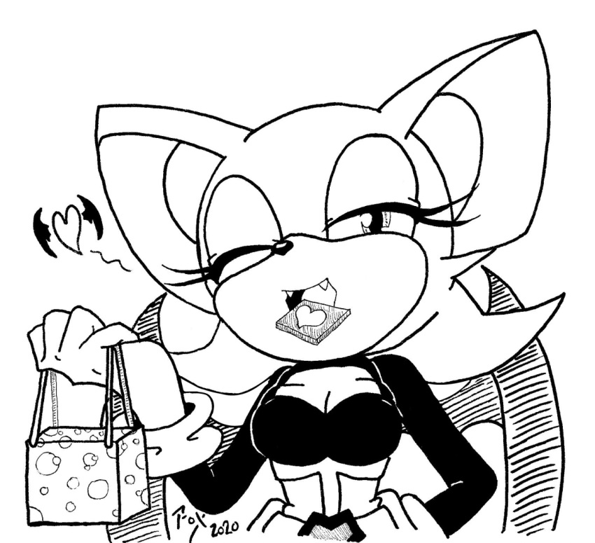 &lt;3 2020 anthro black_and_white black_nose candy chocolate clothed clothing fangs female food fox_gungrave gift holding_object holidays looking_at_viewer monochrome one_eye_closed open_mouth rouge_the_bat solo sonic_the_hedgehog_(series) valentine's_day wink