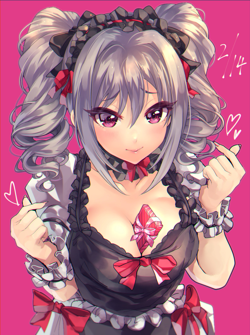 1girl absurdres bangs between_breasts black_dress box breasts cleavage closed_mouth collarbone dated dress drill_hair eyebrows_visible_through_hair eyelashes frilled_dress frills gift gift_box hair_ribbon hairband hands_up heart highres idolmaster idolmaster_cinderella_girls kanzaki_ranko large_breasts lolita_fashion lolita_hairband neck_garter pink_background pink_lips puffy_short_sleeves puffy_sleeves red_ribbon ribbon short_sleeves sidelocks simple_background smile solo tdnd-96 twin_drills twintails valentine wrist_cuffs