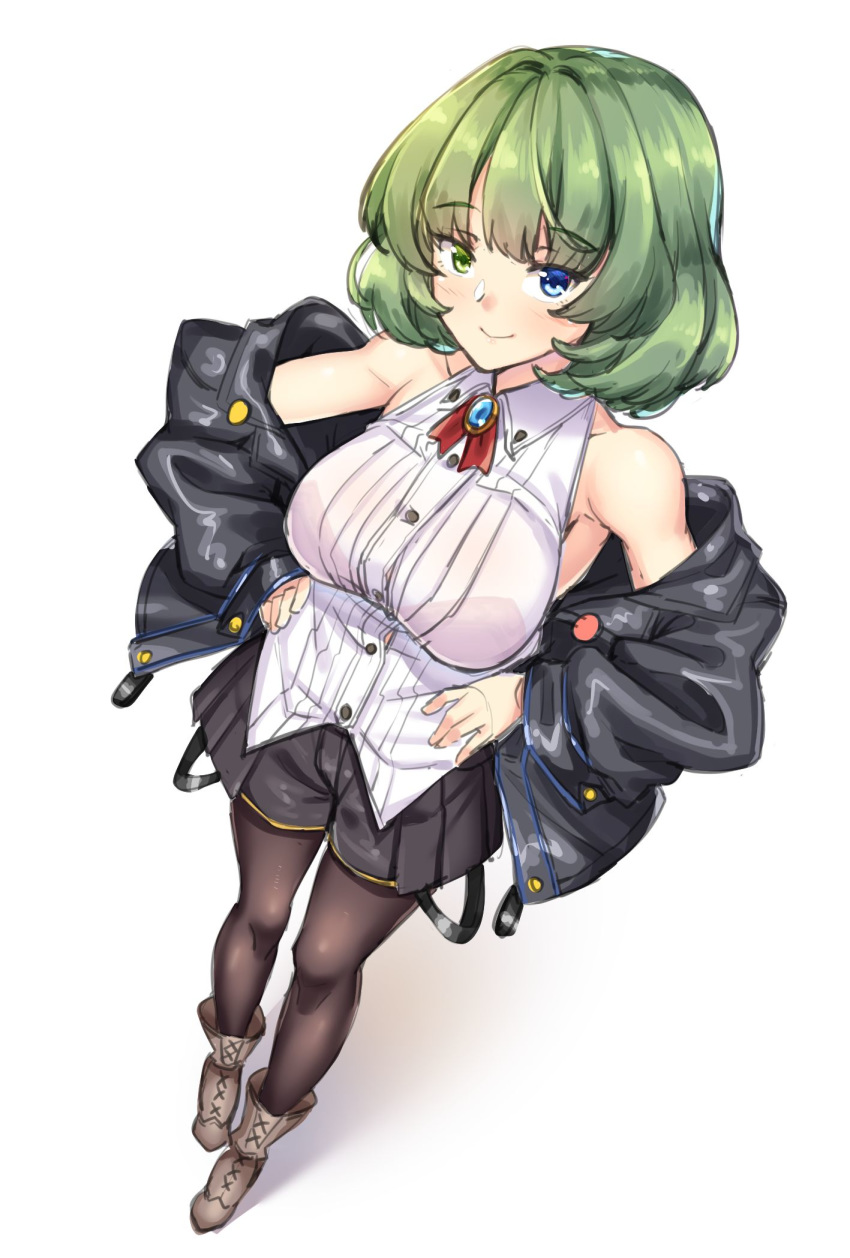 1girl black_jacket black_legwear black_shorts blue_eyes breasts brooch closed_mouth from_above full_body green_eyes green_hair grey_footwear heterochromia highres idolmaster idolmaster_cinderella_girls jacket jewelry large_breasts legwear_under_shorts looking_at_viewer pantyhose shirokuma_a shirt shoes short_hair shorts simple_background sleeveless sleeveless_shirt smile solo standing takagaki_kaede white_background white_shirt