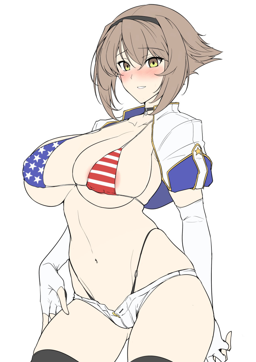 1girl alternate_costume american_flag american_flag_print areola_slip areolae bangs bikini_top black_legwear black_panties blush breasts brown_hair elbow_gloves eyebrows_visible_through_hair flag_print gloves hair_between_eyes hairband harukon_(halcon) highleg highleg_panties highres huge_breasts kantai_collection mutsu_(kantai_collection) navel panties partly_fingerless_gloves short_hair shorts simple_background solo thighhighs underwear white_background white_shorts yellow_eyes