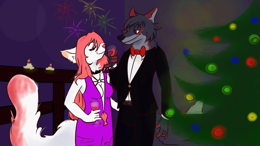 16:9 alcohol anthro artemis_tsukino balcony beverage black_eyes black_nose bow_tie breasts candle canid canine canis choker christmas christmas_lights christmas_tree cleavage clothed clothing couple_(disambiguation) cup domestic_cat dress duo eyes_closed felid feline felis female fireworks fluffy fluffy_tail fully_clothed fur hair half-closed_eyes happy hi_res holidays inner_ear_fluff jewelry long_hair long_tail lycos_ryugen male male/female mammal multicolored_body multicolored_fur narrowed_eyes necklace new_year night pink_hair pink_nose smoking toasting toony tree tuft unknown_artist white_body white_fur wine wolf