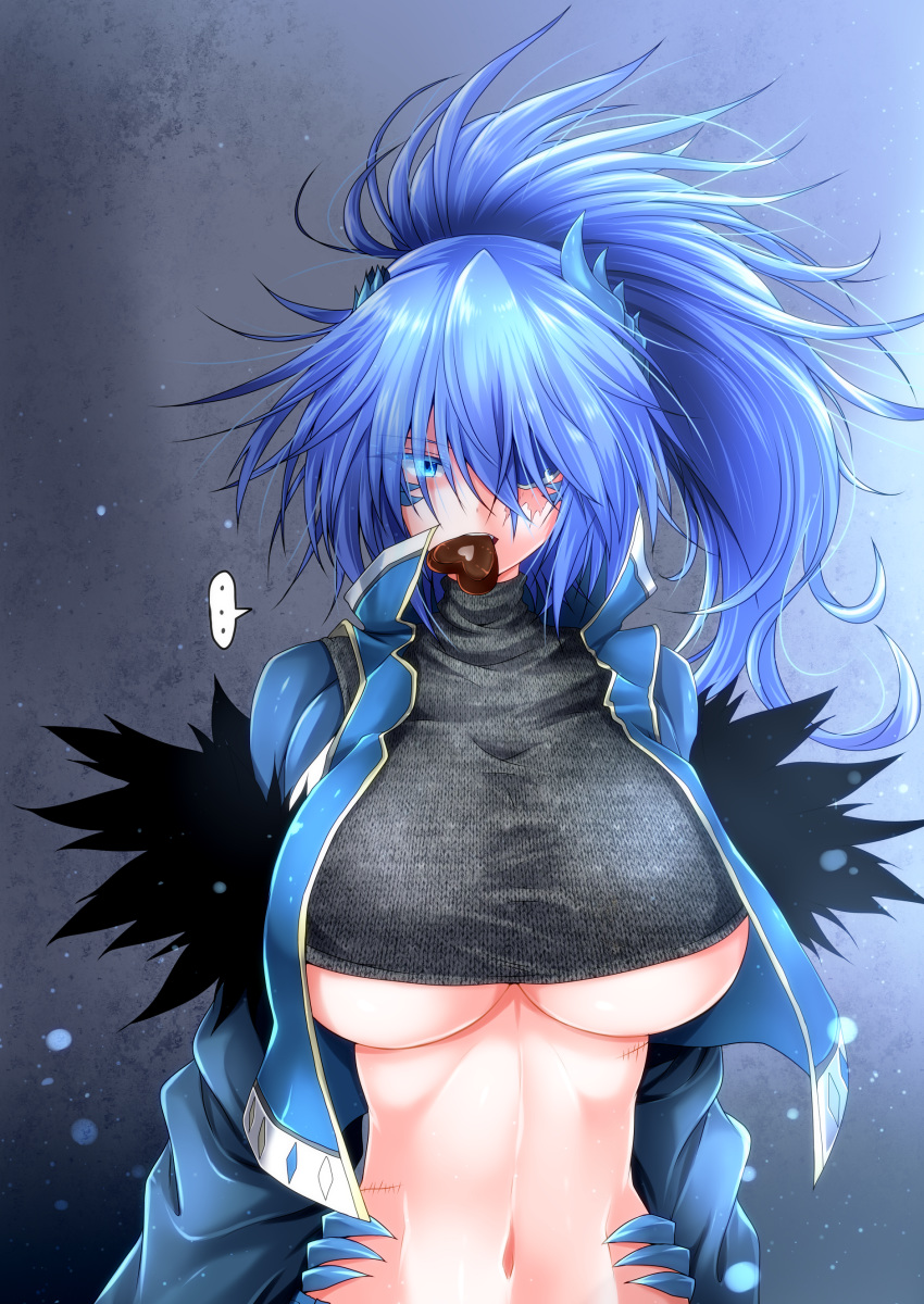 ... 1girl absurdres bangs blue_eyes blue_hair blue_jacket blue_pants breasts candy chocolate chocolate_heart commentary_request cropped_jacket cropped_sweater dragon_girl dragon_horns eyebrows_visible_through_hair eyepatch food food_in_mouth g_(desukingu) grey_sweater hair_between_eyes heart high_ponytail highres horns jacket large_breasts long_hair long_sleeves looking_at_viewer midriff monster_girl navel open_clothes open_jacket original pants scar scar_across_eye sidelocks snowing solo spoken_ellipsis standing sweater taut_sweater turtleneck turtleneck_sweater underboob unmoving_pattern upper_body wall