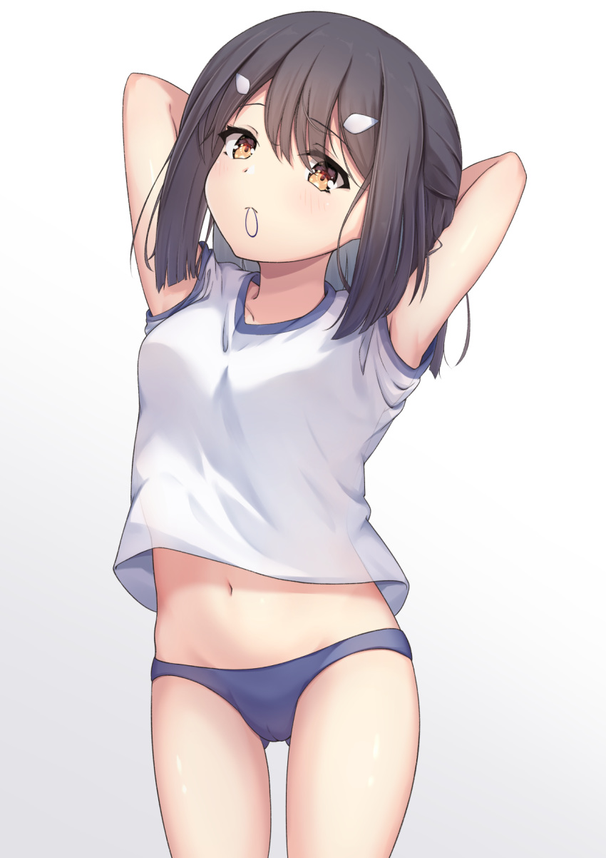 1girl armpits bangs blue_shorts blush brown_eyes cameltoe commentary_request eyebrows_visible_through_hair fate/kaleid_liner_prisma_illya fate_(series) gym_uniform hair_ornament hair_tie hairclip highres looking_at_viewer miyu_edelfelt navel shirt short_shorts shorts simple_background solo sportswear white_background white_shirt y3010607