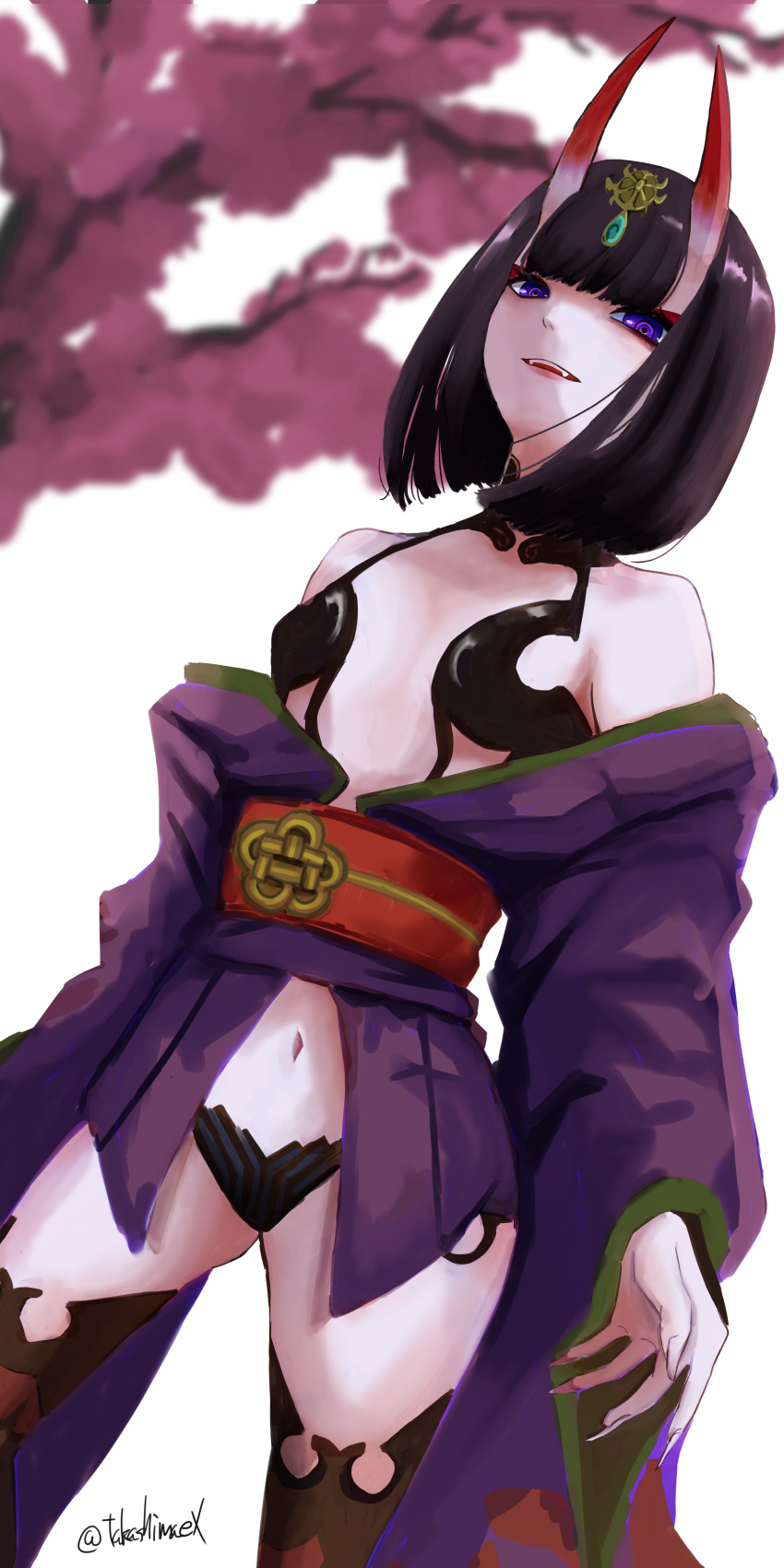 1girl absurdres bangs bare_shoulders blurry blurry_background blush bob_cut breasts cherry_blossoms eyeliner fangs fate/grand_order fate_(series) fingernails headpiece highres horns japanese_clothes kimono long_sleeves looking_at_viewer makeup navel obi oni oni_horns open_mouth purple_eyes purple_hair purple_kimono revealing_clothes sah sash sharp_fingernails short_hair shuten_douji_(fate/grand_order) skin-covered_horns small_breasts smile solo takashimaex thighs tree white_background wide_sleeves