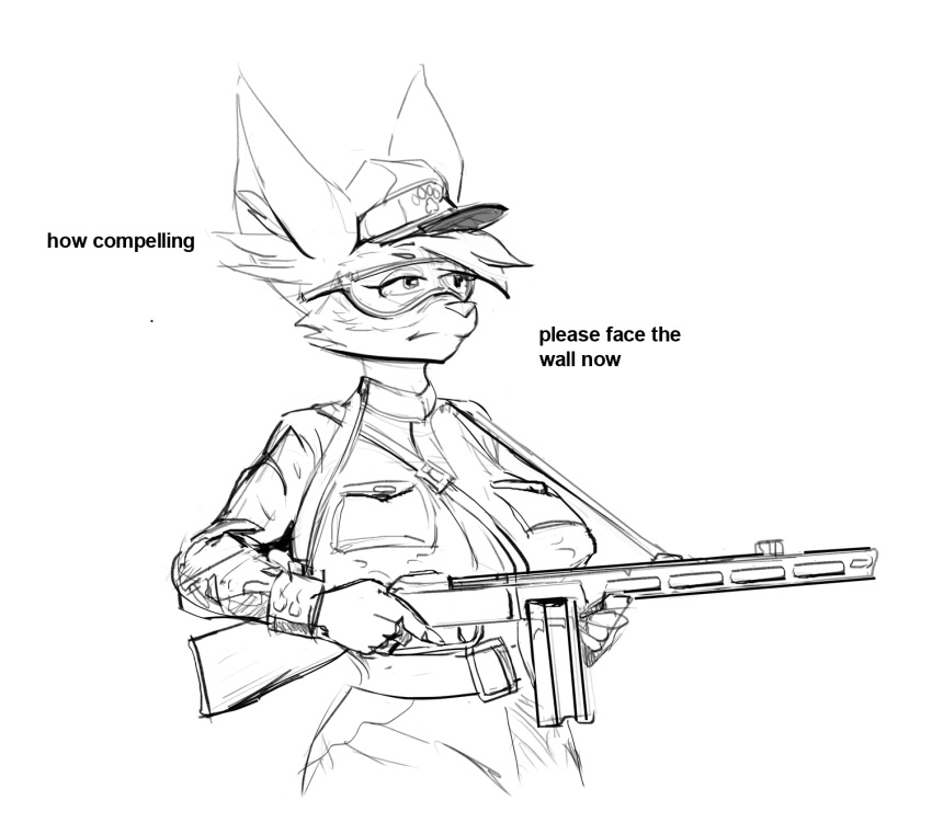 5_fingers anthro big_breasts black_and_white breasts canid canine canis clothed clothing crossgender dialogue english_text eyewear female fifa fingers goggles gun hat headgear headwear hi_res looking_away mammal mascot monochrome nezari ppsh-41 ranged_weapon simple_background sketch soldier submachine_gun text trigger_discipline uniform warrior weapon white_background wolf zabivaka