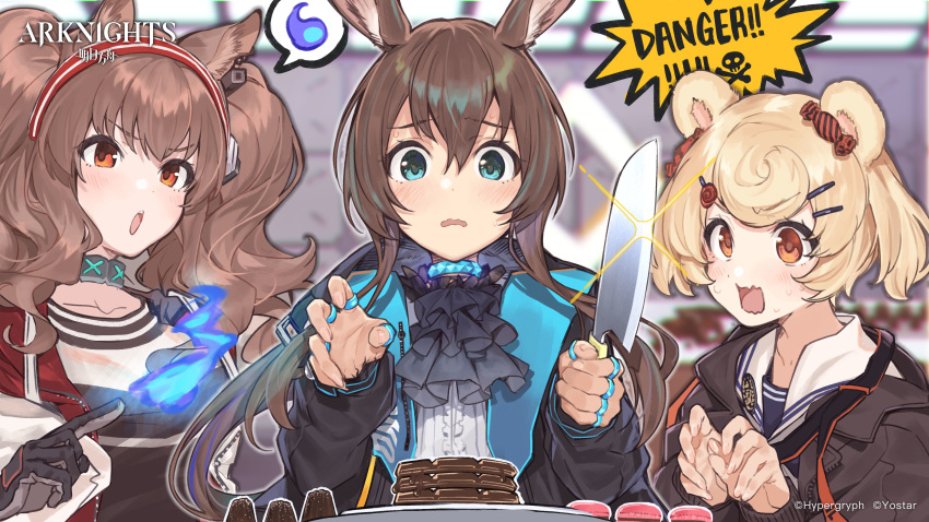 3girls absurdres amiya_(arknights) angelina_(arknights) animal_ears arknights ascot bear_ears blonde_hair blue_eyes blue_fire blurry brown_hair bunny_ears chocolate choker commentary copyright_name english_commentary fire fox_ears gloves gummy_(arknights) hair_ornament hairband hairclip highres holding holding_knife jacket jewelry knife long_hair looking_at_viewer multiple_girls multiple_rings official_art open_clothes open_jacket open_mouth red_eyes ring skull_and_crossbones speech_bubble teshima_nari twintails valentine watermark wavy_mouth