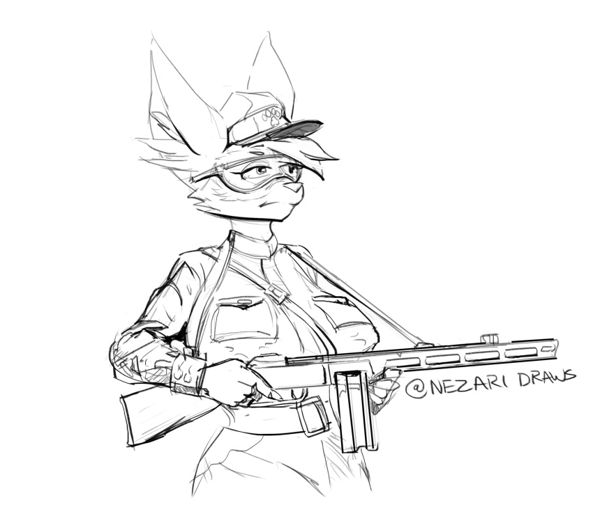 5_fingers anthro big_breasts black_and_white breasts canid canine canis clothed clothing crossgender eyewear female fifa fingers goggles gun hat headgear headwear hi_res looking_away mammal mascot monochrome nezari ppsh-41 ranged_weapon simple_background sketch soldier submachine_gun trigger_discipline uniform warrior weapon white_background wolf zabivaka