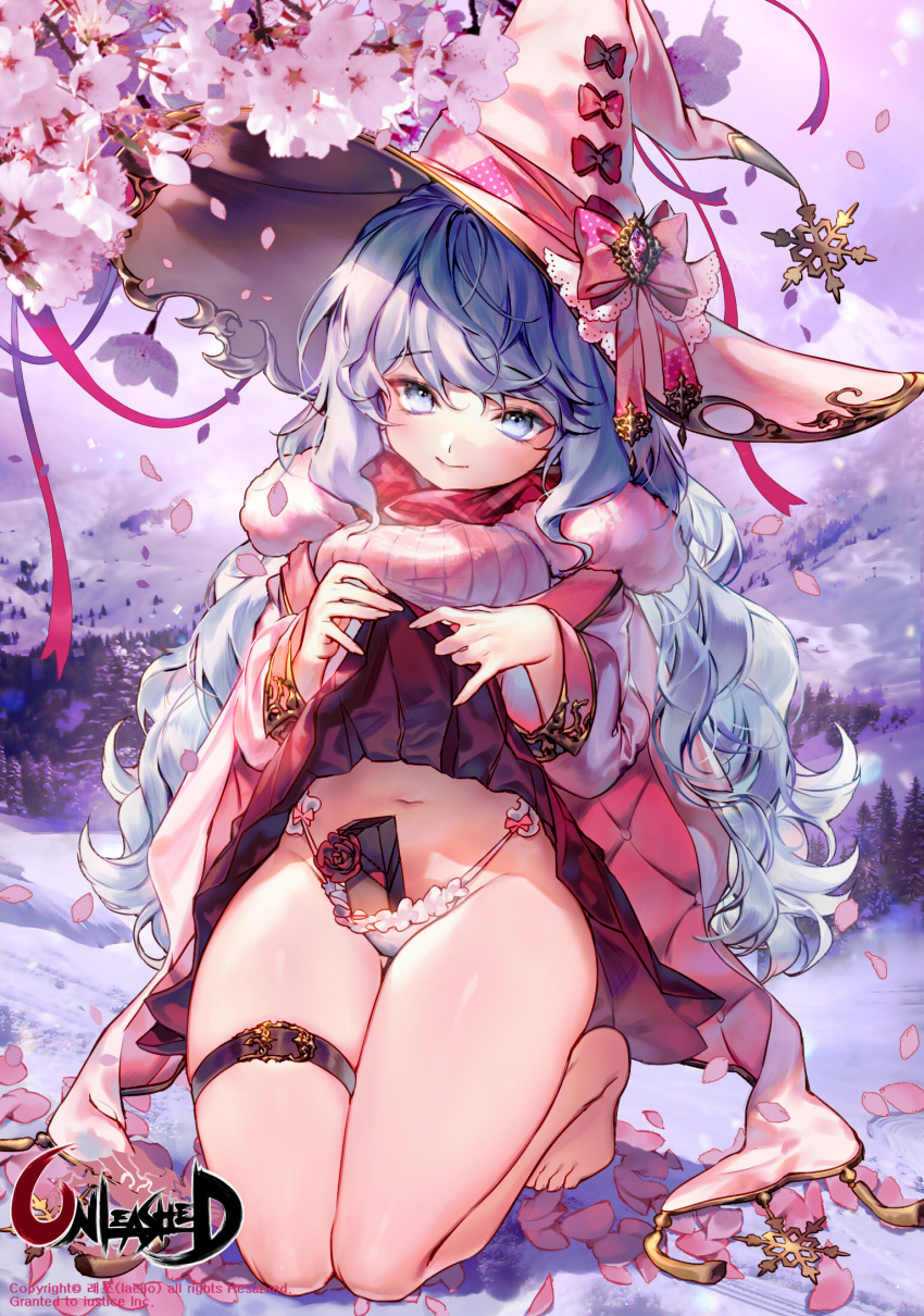 ass_visible_through_thighs barefoot black_joa blue_eyes blue_hair box cherry_blossoms coat copyright_name dress dress_lift gift gift_box hat highres kneeling lifted_by_self long_hair messy_hair navel object_in_panties off_shoulder official_art original outdoors panties pink_coat pink_dress pink_headwear smile thigh_gap thigh_strap thighs tree underwear unleashed valentine white_panties witch_hat