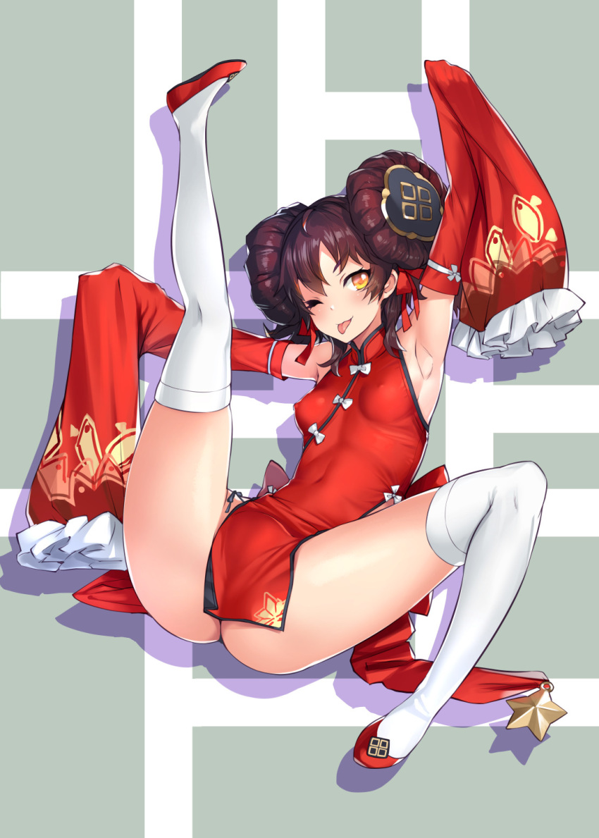 1girl armpits arms_up bangs blush bosshi breasts brown_hair china_dress chinese_clothes covered_navel covered_nipples detached_sleeves double_bun dress eyebrows_visible_through_hair flats frills girls_frontline hair_ribbon highres kneehighs long_sleeves medium_breasts one_eye_closed orange_eyes pelvic_curtain qbz-97_(girls_frontline) red_dress red_footwear ribbon sitting sleeves_past_fingers sleeves_past_wrists solo spread_legs star tongue tongue_out white_legwear