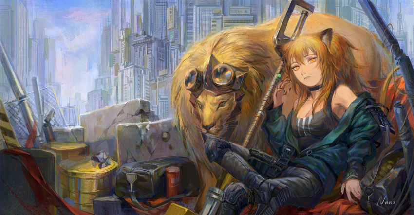 1girl aluminum_can animal_ears arknights bag black_nails black_shirt boots choker city cityscape commentary_request concrete crossed_legs drum_(container) duffel_bag fence goggles goggles_on_head green_jacket hand_up jacket knee_pads lion lion_ears looking_at_viewer naux off-shoulder_jacket orange_hair shirt siege_(arknights) signature sitting solo tank_top tsurime weapon whiskers