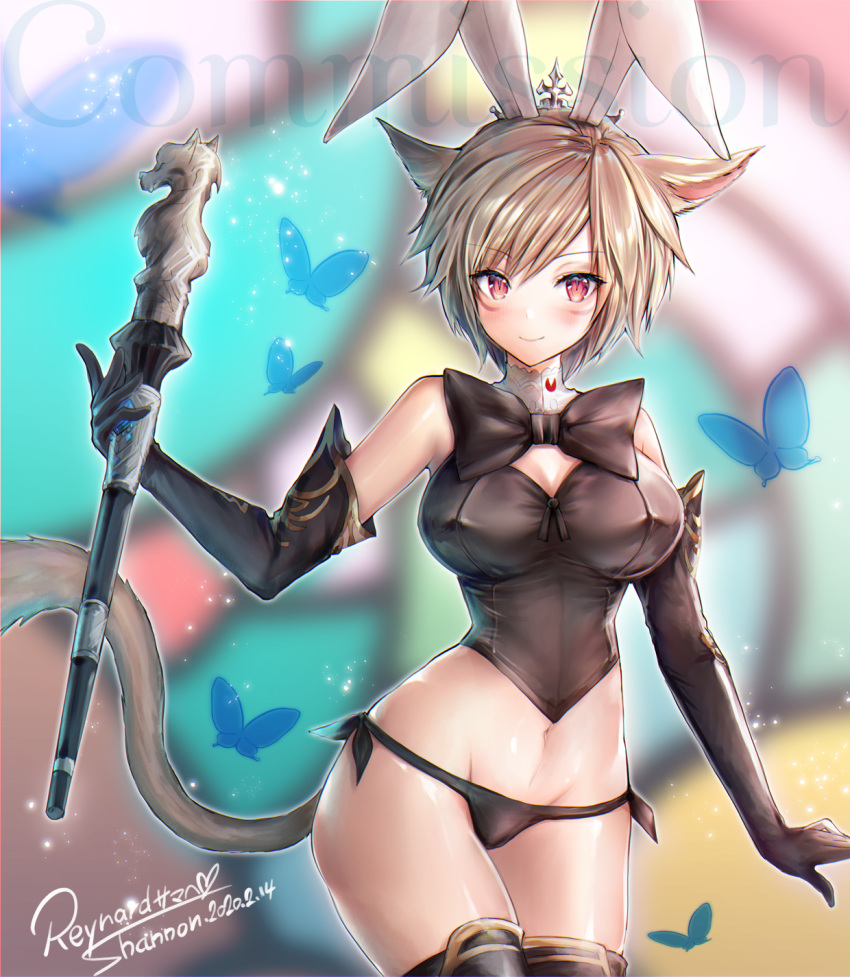 1girl animal_ears bangs black_panties blonde_hair blurry blurry_background blush bow breasts bug bunny_ears bunnysuit butterfly cat_ears cat_tail commission cowboy_shot dated elbow_gloves extra_ears eyebrows_visible_through_hair facial_mark final_fantasy final_fantasy_xiv gloves highres holding holding_staff insect large_breasts leotard looking_at_viewer midriff mii@chiffonx miqo'te navel panties red_eyes signature smile solo staff tail thighhighs underwear