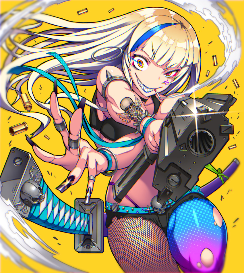 1girl bangs blonde_hair blunt_bangs bracelet choker cigarette commentary_request crossed_arms facial_mark fishnet_legwear fishnets gia gun highleg highleg_panties highres holding holding_gun holding_weapon jewelry long_hair looking_at_viewer mismatched_legwear multicolored_hair original panties ring sharp_teeth shell_casing skull smoking solo streaked_hair sword tattoo teeth underwear weapon yellow_background yellow_eyes