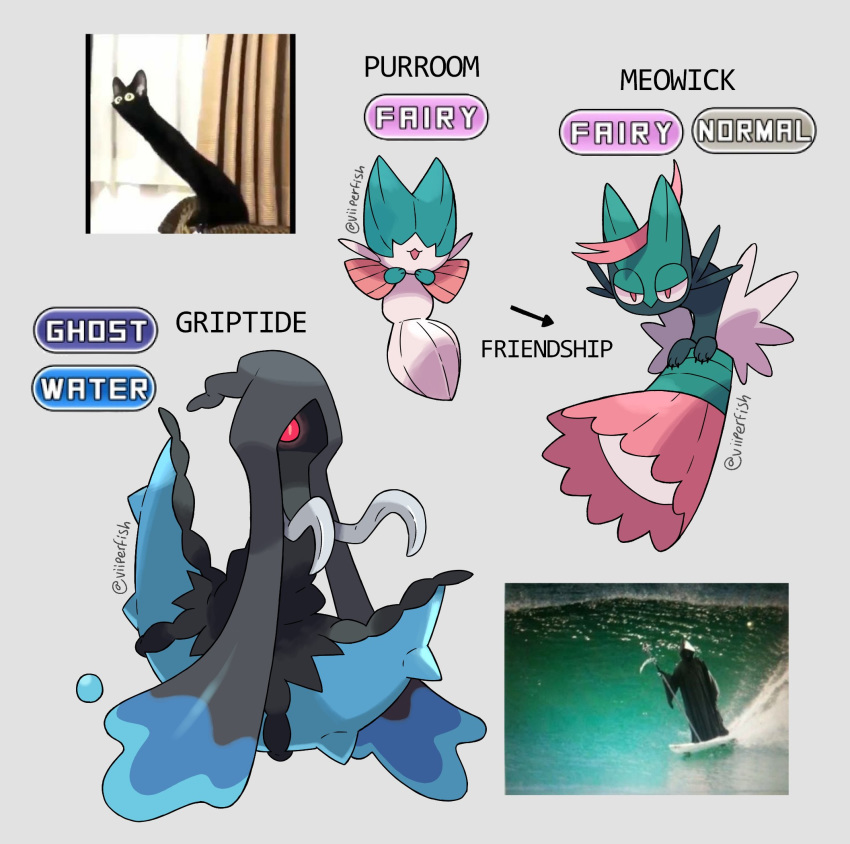 ambiguous_gender black_body blue_body death_(personification) domestic_cat english_text fak&eacute;mon felid feline felis feral fur green_body green_fur grey_background grim_reaper group hi_res mammal meme on_model pink_body pink_fur real simple_background text viiperfish