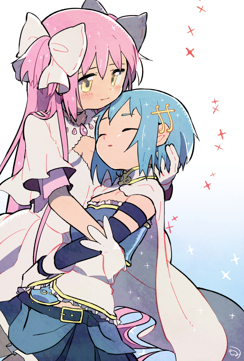 2girls aqua_background belt blue_hair blue_skirt blush breasts cape detached_sleeves dress expressionless fortissimo fortissimo_hair_ornament gloves gradient gradient_background hair_ornament hair_ribbon hairclip hand_on_another's_head hand_on_another's_waist highres holding kaname_madoka kirikuchi_riku light_smile long_hair looking_at_another looking_down mahou_shoujo_madoka_magica medium_breasts miki_sayaka multiple_girls parted_lips pleated_skirt ribbon short_hair simple_background skirt soul_gem sparkle sparkle_background strapless two_side_up ultimate_madoka very_long_hair white_background white_cape white_dress white_gloves white_ribbon wide_sleeves yellow_eyes