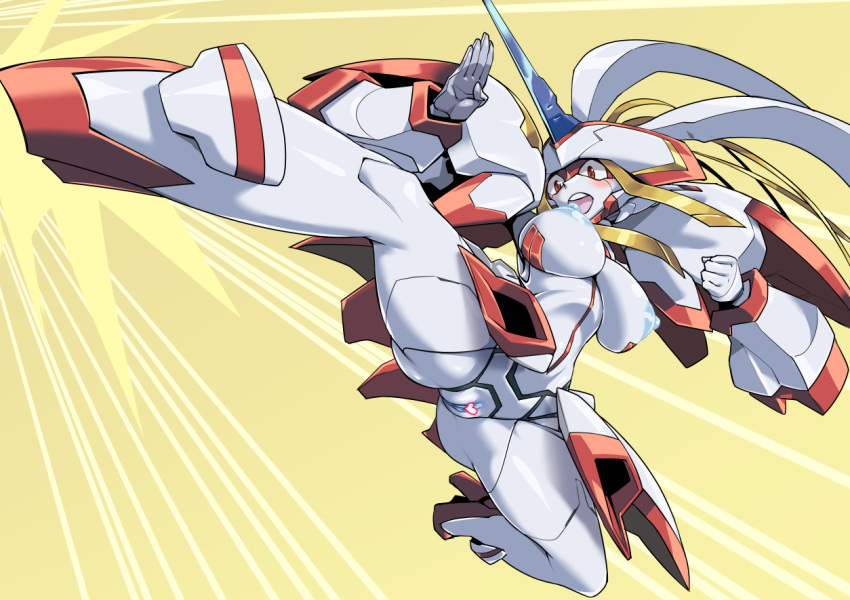 &lt;3 action_pose blush breasts censored darling_in_the_franxx digital_media_(artwork) female flying_kick genitals humanoid kick machine not_furry open_mouth pochincoff pose pussy red_eyes robot simple_background solo strelizia studio_trigger suspended_in_midair