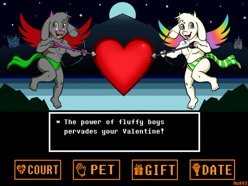 &lt;3 4:3 anthro arrow asriel_dreemurr bovid bow canid caprine castle cupid day deltarune dialogue_box fluffy game_(disambiguation) goat hi_res holidays love male mammal menu moon mountain night no893 options prince prompt ralsei royalty screen toby undertale valentine's valentine's_day video_games wings