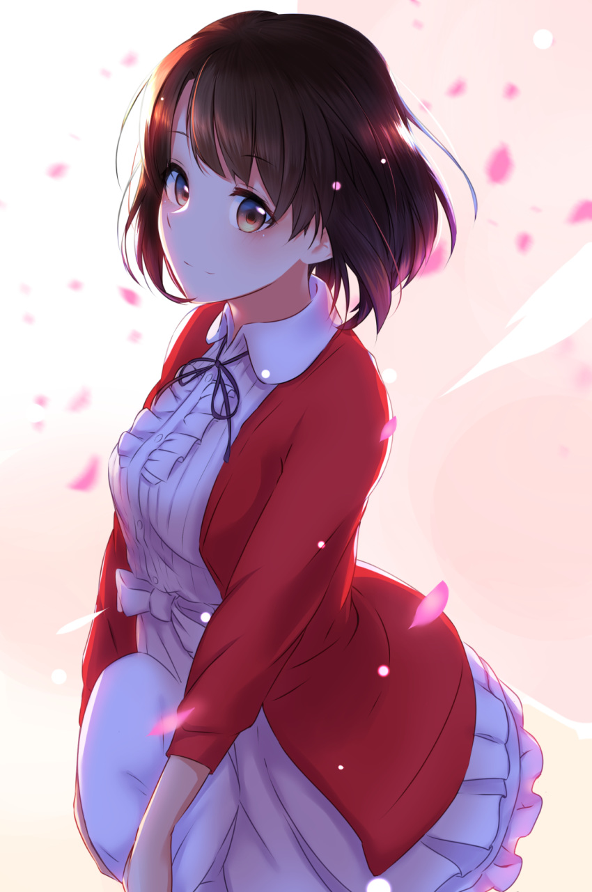 1girl bangs blue_ribbon brown_eyes brown_hair cherry_blossoms closed_mouth collared_shirt dress_shirt eyebrows_visible_through_hair hat highres holding holding_hat jacket katou_megumi layered_skirt long_sleeves neck_ribbon open_clothes open_jacket purple_(jobseeking) red_jacket ribbon saenai_heroine_no_sodatekata shirt short_hair skirt solo standing white_shirt white_skirt wing_collar