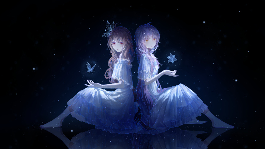 2girls absurdres barefoot brown_hair bug butterfly butterfly_hair_ornament dark_background dress hair_ornament highres insect limingxingtong long_hair looking_at_viewer multiple_girls orange_eyes red_eyes reflection sitting vocaloid voiceroid vsinger white_dress xingchen yuezheng_ling