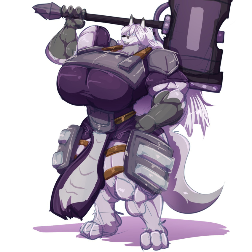 1:1 anthro armor big_breasts bobert breasts canid canine carrying_weapon clothing female hair hammer_(weapon) hi_res huge_breasts hyper hyper_breasts looking_at_viewer mammal muscular simple_background smile weapon white_background