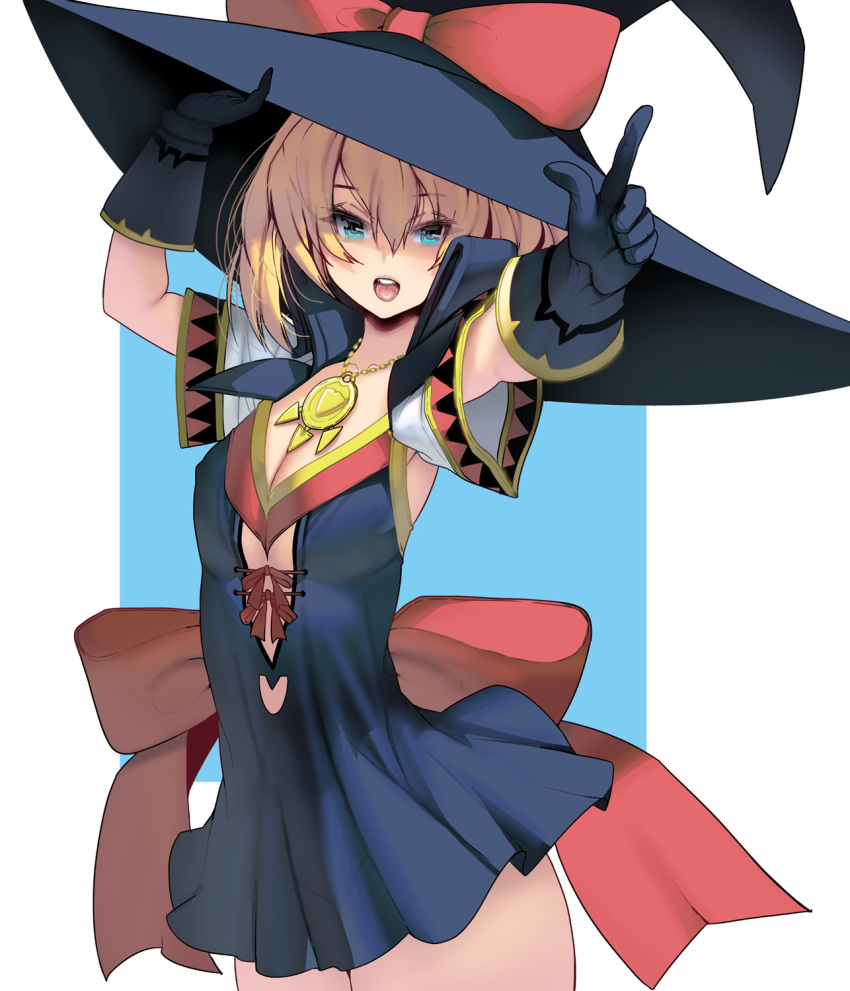 1girl bangs blonde_hair blue_eyes bow breasts cowboy_shot dress eyebrows_visible_through_hair gloves hair_between_eyes hat highres holding holding_hat jewelry looking_at_viewer masao necklace open_mouth original pointing red_bow short_hair short_sleeves small_breasts solo two-tone_background witch witch_hat