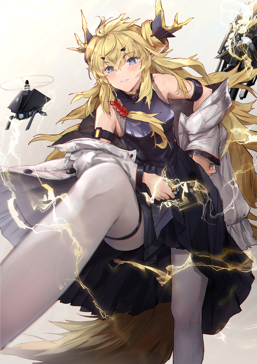 1girl arknights bangs bare_shoulders bk201 black_dress blonde_hair blue_eyes blush cane dress drone electricity eyebrows_visible_through_hair hand_on_hip highres horns jacket leaning_forward leizi_(arknights) long_hair looking_at_viewer open_clothes open_jacket parted_bangs pleated_dress solo stepping tail thigh_strap white_jacket white_legwear