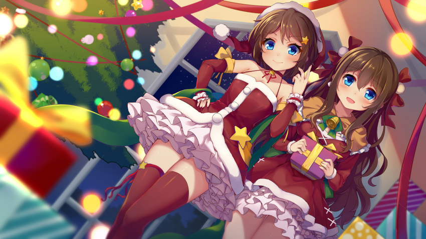 2girls :d bare_shoulders bell blue_eyes blush bow breasts brown_hair christmas christmas_tree detached_sleeves dutch_angle earrings frilled_skirt frills gift hair_bow hat highres indoors jewelry long_hair looking_at_viewer multiple_girls nerv110 night open_mouth original ornament red_bow santa_hat siblings skirt small_breasts smile standing twins window