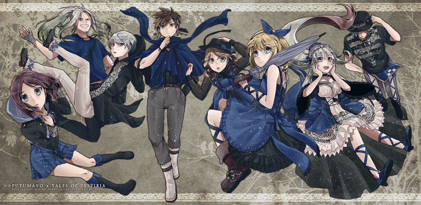 4boys 4girls :d alisha_diphda arm_ribbon bandaged_wrist bangs belt belt_buckle black_footwear black_hair black_hairband black_headwear black_shirt black_skirt blonde_hair blue_bow blue_eyes blue_footwear blue_ribbon blue_skirt boots bow bracelet breasts brown_belt brown_hair buckle character_name cleavage closed_umbrella copyright_name dezel_(tales) dress dress_shirt earrings edna_(tales) floating_hair frilled_sleeves frills gradient_hair green_eyes green_hair grey_background grey_pants grey_sweater grey_umbrella grin hair_bow hairband hand_in_pocket hand_on_hip hands_on_own_cheeks hands_on_own_face hat hat_bow hat_over_eyes holding holding_umbrella hood hood_down hooded_sweater jewelry knee_boots lailah_(tales) leg_ribbon lolita_fashion long_hair long_sleeves looking_at_viewer medium_breasts mikleo_(tales) miniskirt monicanc multicolored_hair multiple_boys multiple_girls open_mouth pants parted_bangs print_shirt purple_eyes ribbon rose_(tales) shirt short_dress short_hair short_sleeves shoulder_blades side_ponytail silver_hair skirt smile sorey_(tales) sweater swept_bangs tales_of_(series) tales_of_zestiria umbrella very_long_hair white_dress wide_sleeves zaveid_(tales)