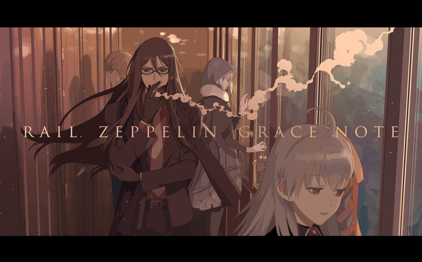 2boys 2girls ahoge birdcage black_gloves black_scarf braid brown_hair cage caules_forvedge_yggdmillennia cigarette copyright_name fate_(series) formal glasses gloves gray_(lord_el-melloi_ii) grey_hair holding_cage hood hood_up letterboxed long_hair lord_el-melloi_ii lord_el-melloi_ii_case_files multiple_boys multiple_girls necktie oka_(a.m.) olga_marie_animusphere reflection scarf smoking stole suit train_interior waver_velvet