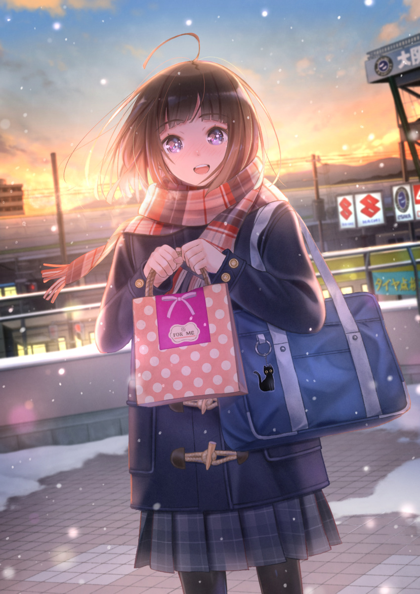 1girl absurdres ahoge bag bangs black_hair black_legwear blunt_bangs coat dutch_angle eyebrows_visible_through_hair highres mountainous_horizon open_mouth original outdoors purple_eyes road scarf short_hair skirt snowing solo sunset taka_(tsmix) valentine wind