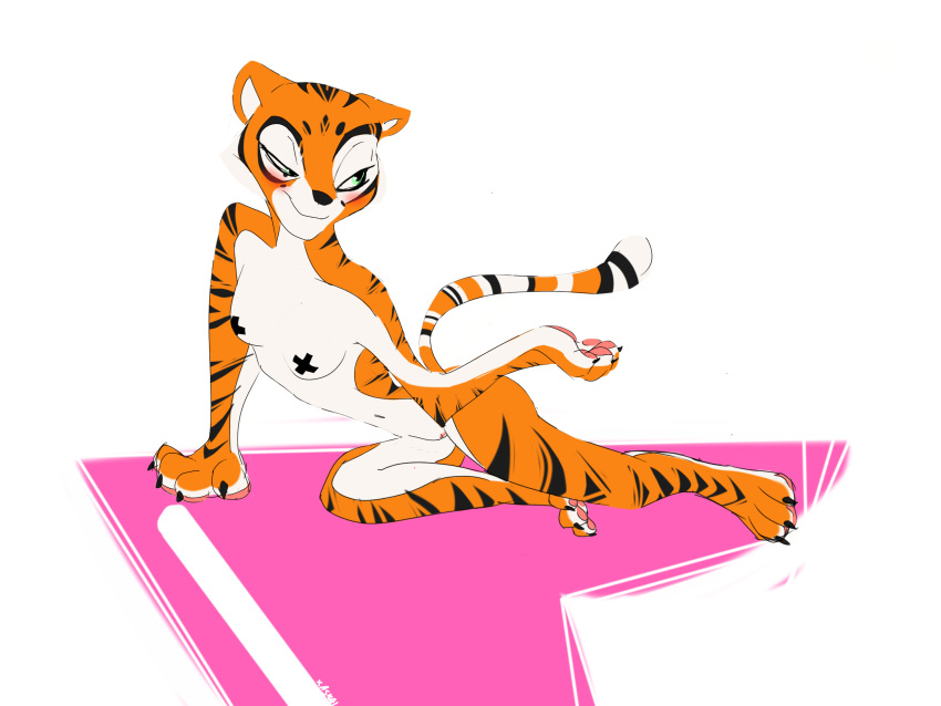 2020 4:3 alpha_channel anthro blush breasts felid female fur genitals hi_res mammal nude orange_body pantherine seductive solo striped_body striped_fur stripes tiger xaskai