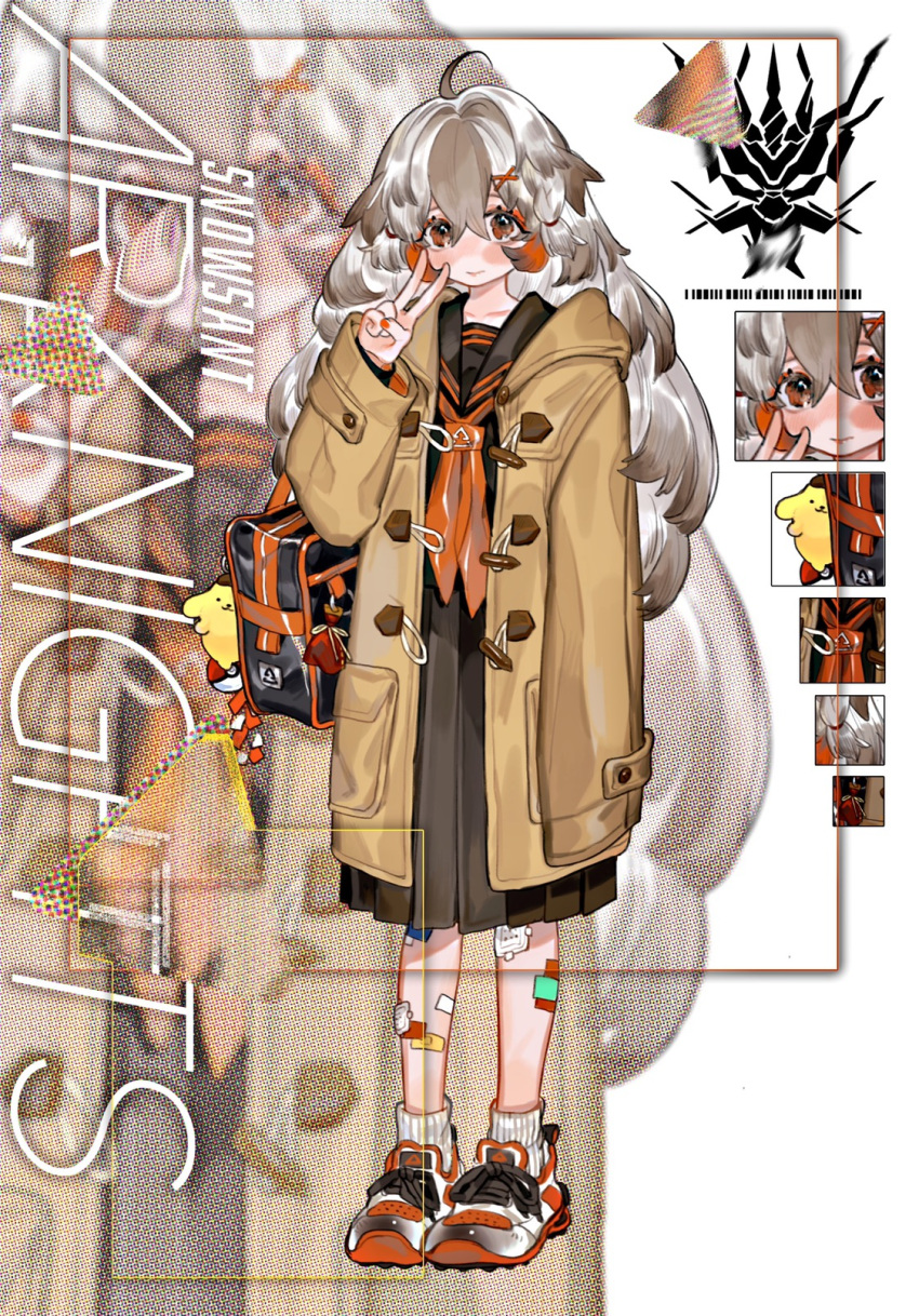 1girl ahoge arknights bag bandaid bandaid_on_leg black_dress black_sailor_collar brown_coat character_name coat copyright_name dress full_body grey_hair hair_between_eyes hair_ornament highres long_hair long_sleeves looking_at_viewer multicolored_hair neckerchief poke_ball red_eyes red_nails red_neckwear riiverr sailor_collar shoes shoulder_bag sneakers snowsant_(arknights) socks solo standing v white_legwear