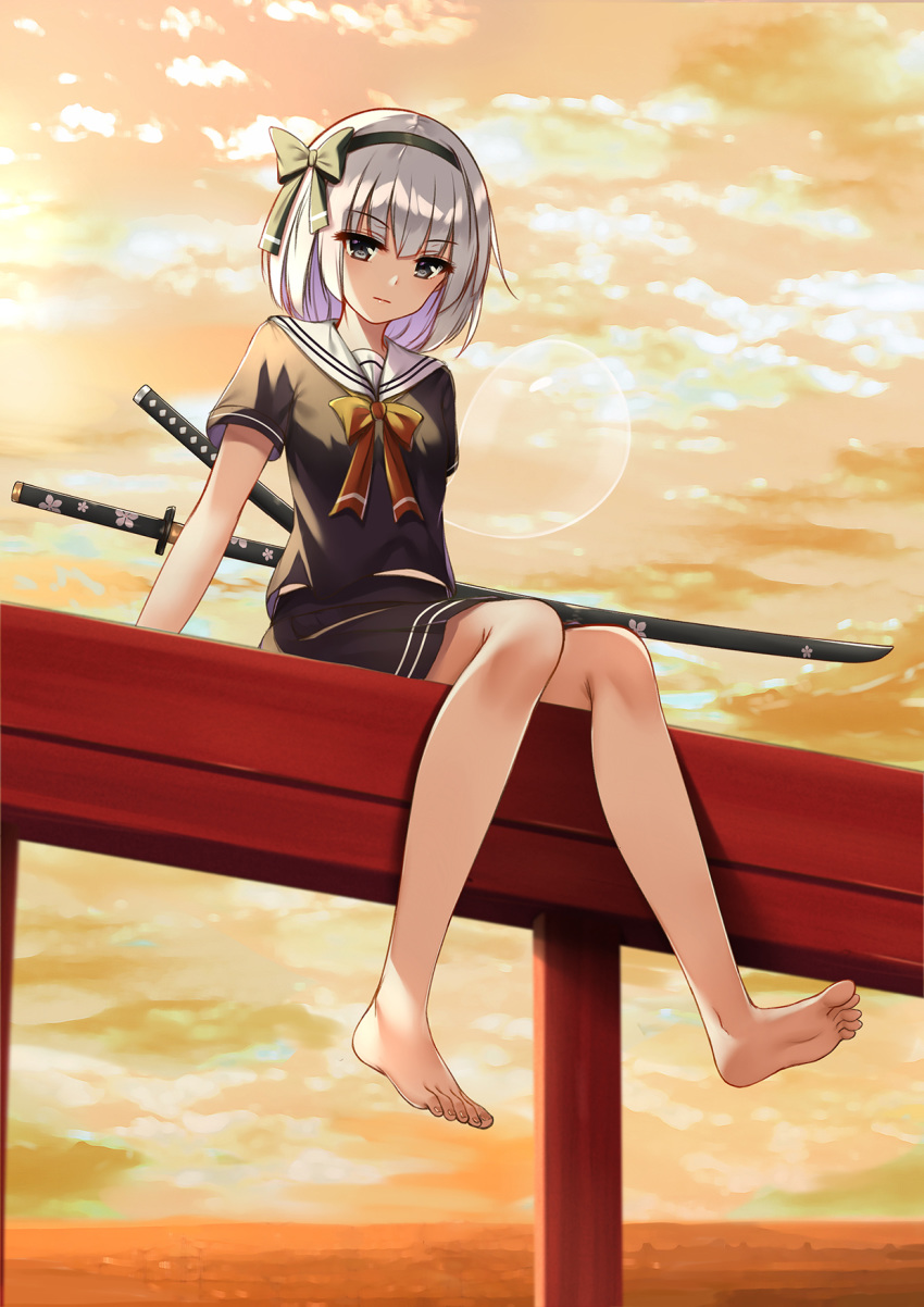 1girl alternate_costume bangs barefoot black_serafuku black_shirt black_skirt bow cloud commentary contemporary expressionless eyebrows_visible_through_hair feet flan_(seeyouflan) foot_dangle green_bow green_hairband grey_eyes hair_between_eyes hair_bow hairband highres hitodama katana knees_together_feet_apart konpaku_youmu konpaku_youmu_(ghost) looking_at_viewer miniskirt outdoors sailor_collar scabbard school_uniform serafuku sheath sheathed shirt short_hair silver_hair sitting skirt sky solo sunset sword touhou weapon white_sailor_collar yellow_bow yellow_neckwear yellow_sky