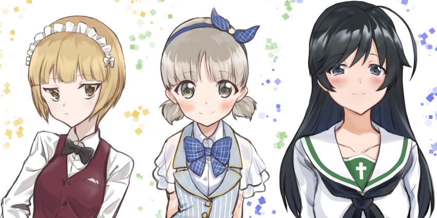 3girls ahoge aki_(girls_und_panzer) bangs bartender black_eyes black_hair black_neckwear blonde_hair blouse blue_neckwear blue_ribbon blue_vest blunt_bangs blush bow bowtie brown_eyes brown_vest closed_mouth commentary cutlass_(girls_und_panzer) dress_shirt eyebrows_visible_through_hair frilled_sleeves frills frown girls_und_panzer green_eyes hair_ribbon handkerchief highres idol isuzu_hana leaning_to_the_side light_brown_hair long_hair long_sleeves looking_at_viewer maid_headdress mamu_t7s multiple_girls neckerchief ooarai_school_uniform plaid_neckwear ribbon school_uniform serafuku shirt short_hair short_sleeves short_twintails side-by-side smile twintails vertical-striped_vest vest white_background white_blouse white_shirt wing_collar