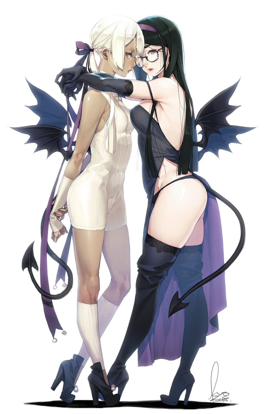 2girls absurdres bare_shoulders black_gloves black_hair black_legwear blonde_hair braid covered_nipples dark_skin dated demon_tail demon_wings elbow_gloves glasses gloves hair_ribbon hairband high_heels highres kyo_(kuroichigo) long_hair multiple_girls orange_eyes original parted_lips pink_lips platinum_blonde_hair purple_hairband purple_ribbon ribbon signature simple_background slit_pupils standing tail turtleneck white_background wings