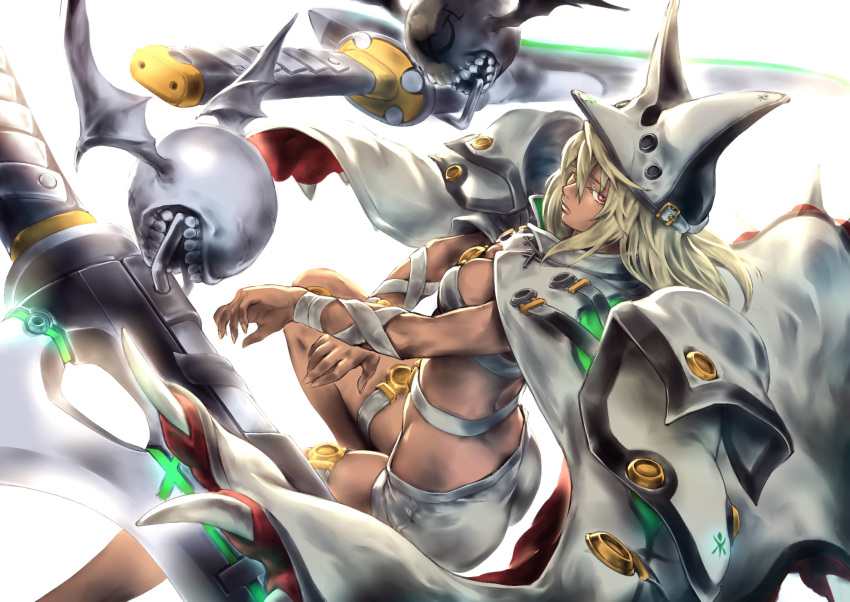 1girl ass beltbra blonde_hair breasts cape cleavage closed_mouth commentary_request dark_skin guilty_gear guilty_gear_xrd hat highres long_hair looking_at_viewer medium_breasts orange_eyes ramlethal_valentine short_shorts shorts simple_background thigh_strap toshi white_background