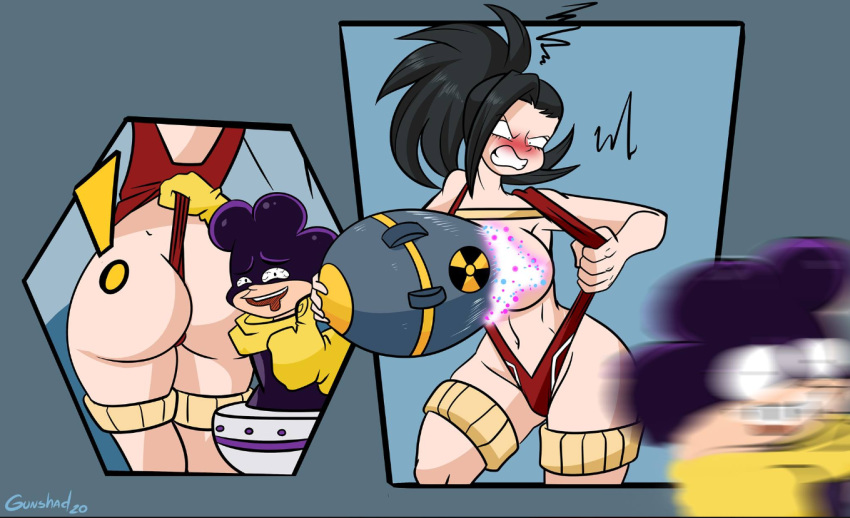 ! 2020 angry ass black_eyes black_hair bloodshot_eyes blush boku_no_hero_academia booby_trap breasts convenient_censoring dated embarrassed fleeing gunshad large_breasts looking_at_viewer mineta_minoru motion_blur pervert signature size_difference source_request teeth thumbs_up wedgie yaoyorozu_momo