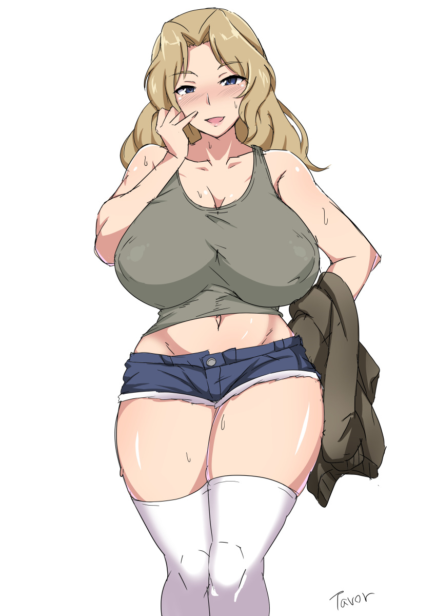 1girl absurdres alternate_breast_size artist_name blonde_hair blue_eyes blue_shorts blush breasts brown_jacket cleavage commentary curvy cutoffs denim denim_shorts girls_und_panzer grey_shirt hair_intakes half-closed_eyes hand_on_own_face highres holding holding_jacket huge_breasts jacket jacket_removed kay_(girls_und_panzer) long_hair micro_shorts midriff open_mouth saunders_military_uniform shirt shorts signature simple_background skindentation smile solo sweat sweatdrop tank_top tavor_(m_tavor) thighhighs white_background white_legwear