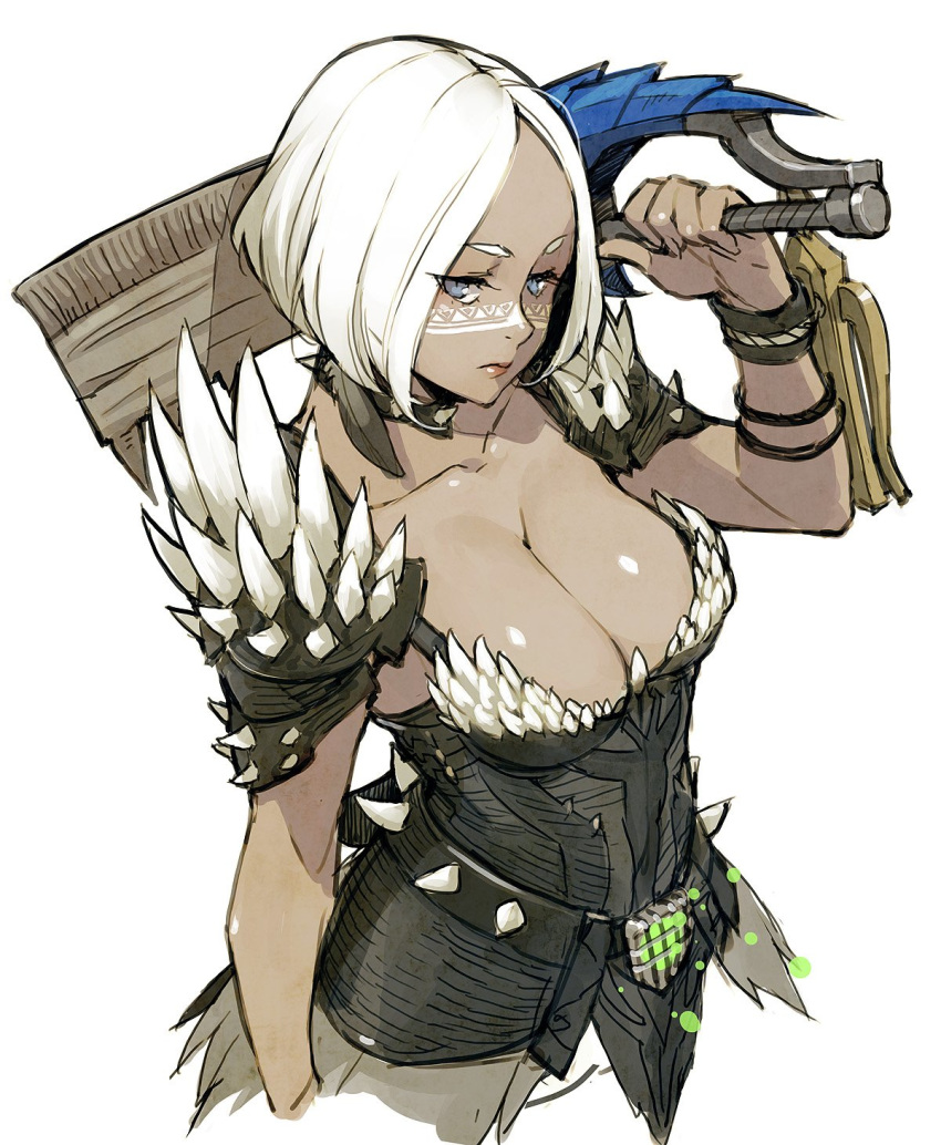 1girl armor black_feathers blue_eyes bracelet breasts cleavage closed_mouth collarbone facial_mark feathers fingernails glowing highres holding holding_weapon jewelry kyo_(kuroichigo) monster_hunter monster_hunter:_world over_shoulder pauldrons red_lips short_hair simple_background weapon weapon_over_shoulder white_background white_hair